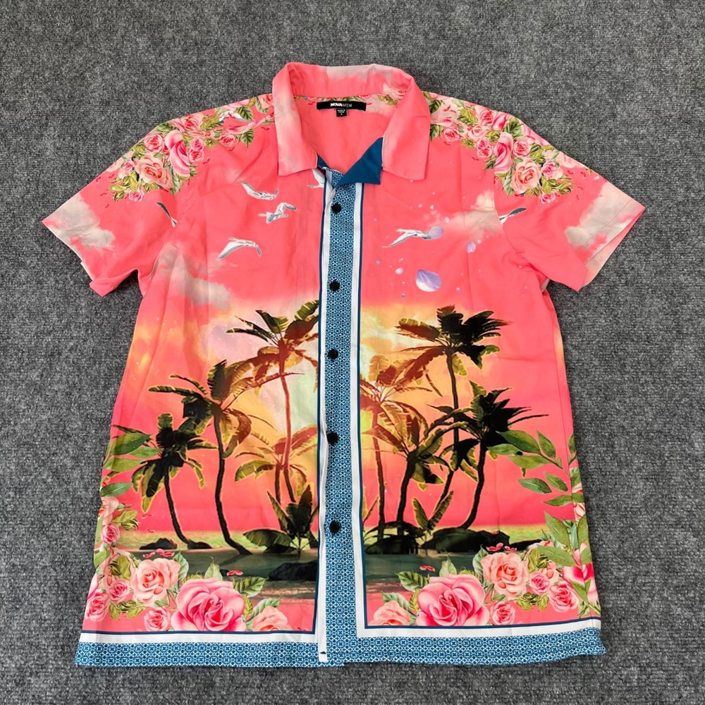 NovaMen Mens Pink Tropical Palm Tree Floral Button Down Shirt Small 2021922498